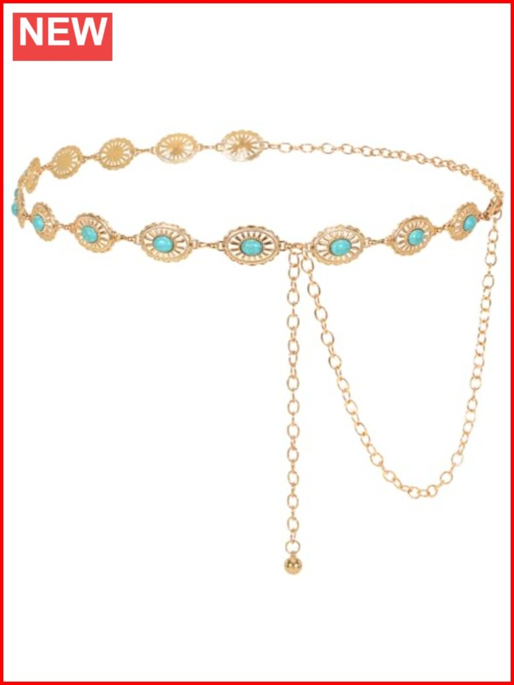 Turquoise Concho Chain Waist Belt Silver Western Metal Alloy Adjustable